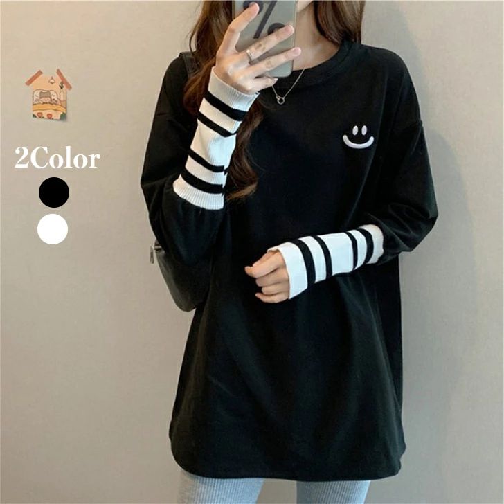 ニック カットソー 春服 春物 スキニー かわいい ロング丈 プリント ゆったり 体型カバー トレーナー ロゴ 部屋着 安い 送料無料