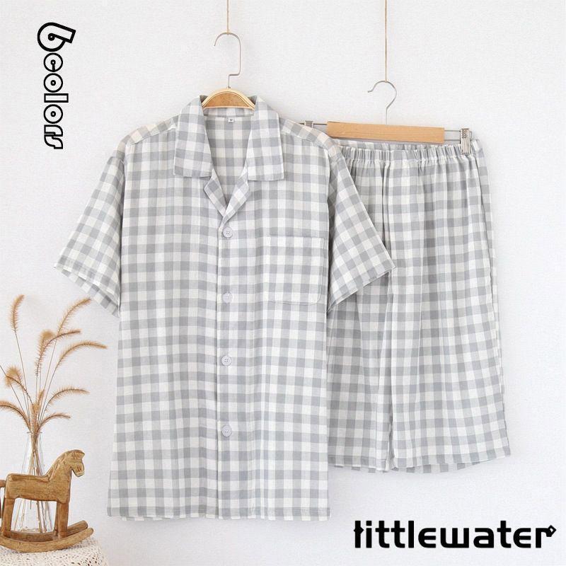 男性用 薄手 半袖 Vネックス 半ズボン 五分丈パンツ カーディガン コットン 綿100% ストライプ チェック柄 パジャマ 前開き ップ