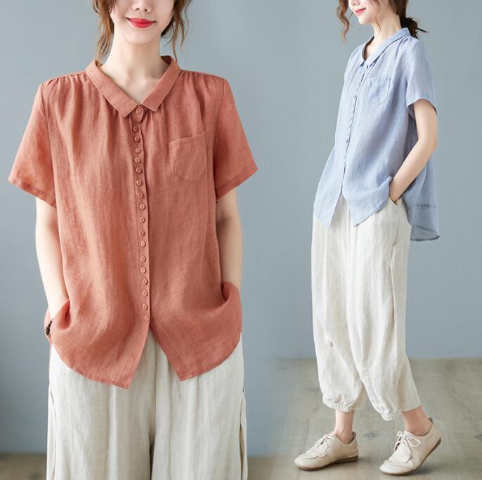 樂天商城 - シャツ レディース 夏 半袖 ブラウス トップス 綿麻シャツ リネン シャツブラウス ゆったり 体型カバー 大人 ビッグシャツ カジュアル 無地 涼しい お洒落 メール便 カットソー 通勤 通学 吸湿 速乾 送料無料