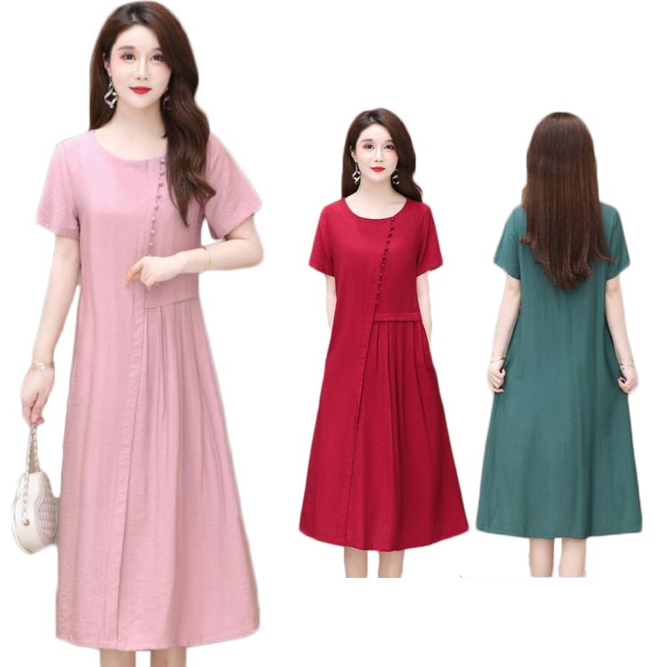 樂天商城 - プリーツワンピース レディース 夏 ロングワンピース 半袖 丸襟 リネン 綿 麻 Aライン シンプル カジュアル ロング丈 無地 送料無料 おしゃれ 切り替え ナチュラル おでかけ