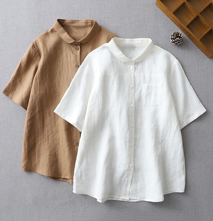 樂天商城 - リネンシャツ ブラウス　半袖　綿麻シャツ　シャツブラウス レディース ガーゼ シャツ 夏 丸襟 シャツ 無地 ガーゼ シンプル 綿 半袖 コットン 通気 ダブルガーゼ カジュアル