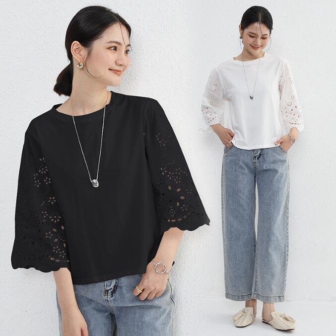 樂天商城 - Tシャツ ブラウス レディース 夏 トップス プルオーバー 七分袖 体型カバー Uネック オーバーサイズ 大きいサイズ レース パンチングレース スカラップレース コットン【コットンレーススリーブTシャツ】