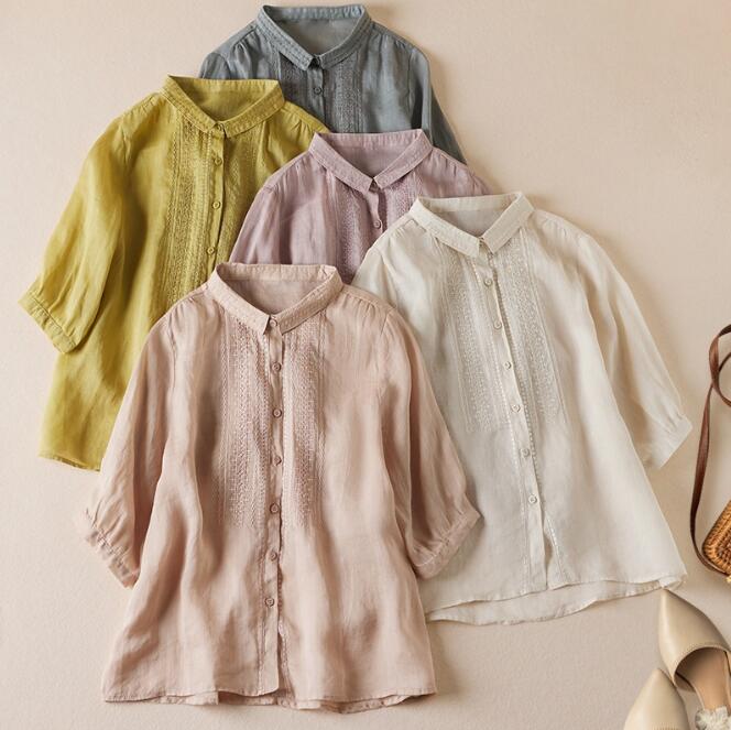 樂天商城 - リネンシャツ ブラウス　半袖　綿麻シャツ　シャツブラウス レディース ガーゼ シャツ 夏 丸襟 シャツ 無地 ガーゼ シンプル 綿 半袖 コットン 通気 ダブルガーゼ カジュアル