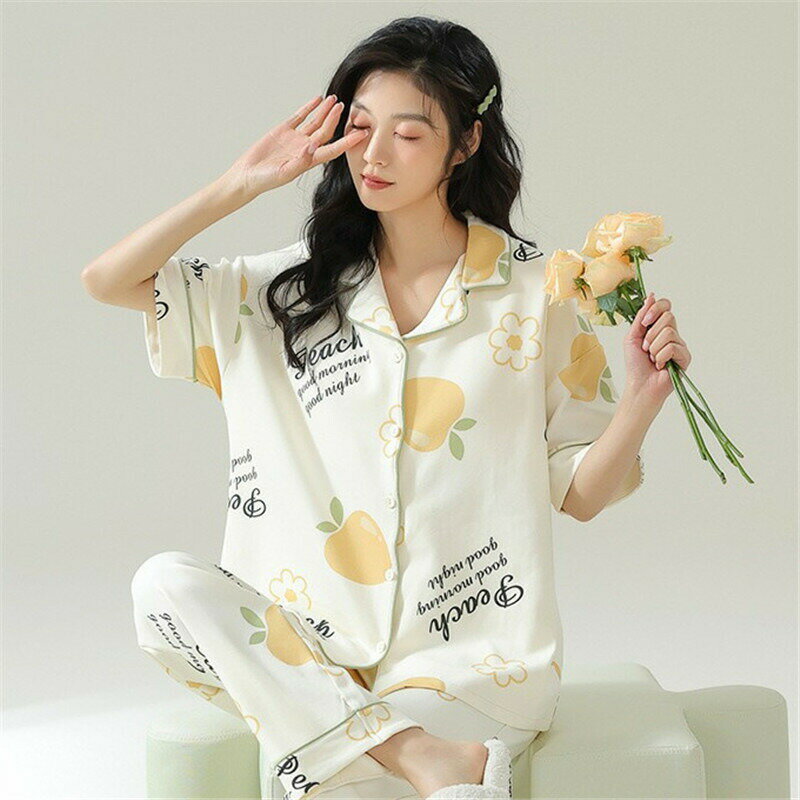 Room Wear - パジャマ レディース 夏用 ルームウェア 夏 シンプル セットアップ 前開き 半袖 綿 ロングパンツ 春 かわいい コットン 上下セッ
