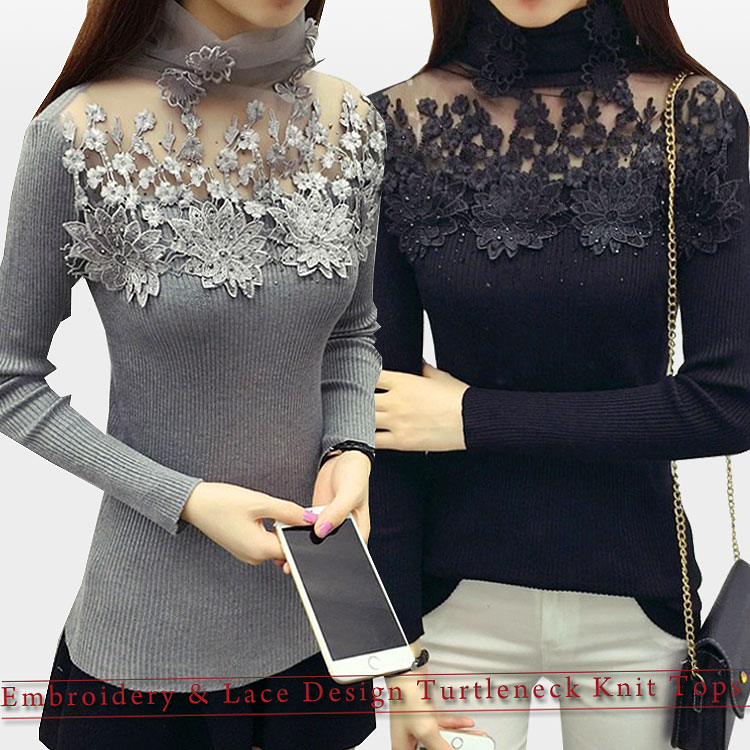 トップス ミセ セーター シースルー タートルネック レディース カットソー 刺繍 レース セクシー 長袖 ハイネック 花柄 秋冬