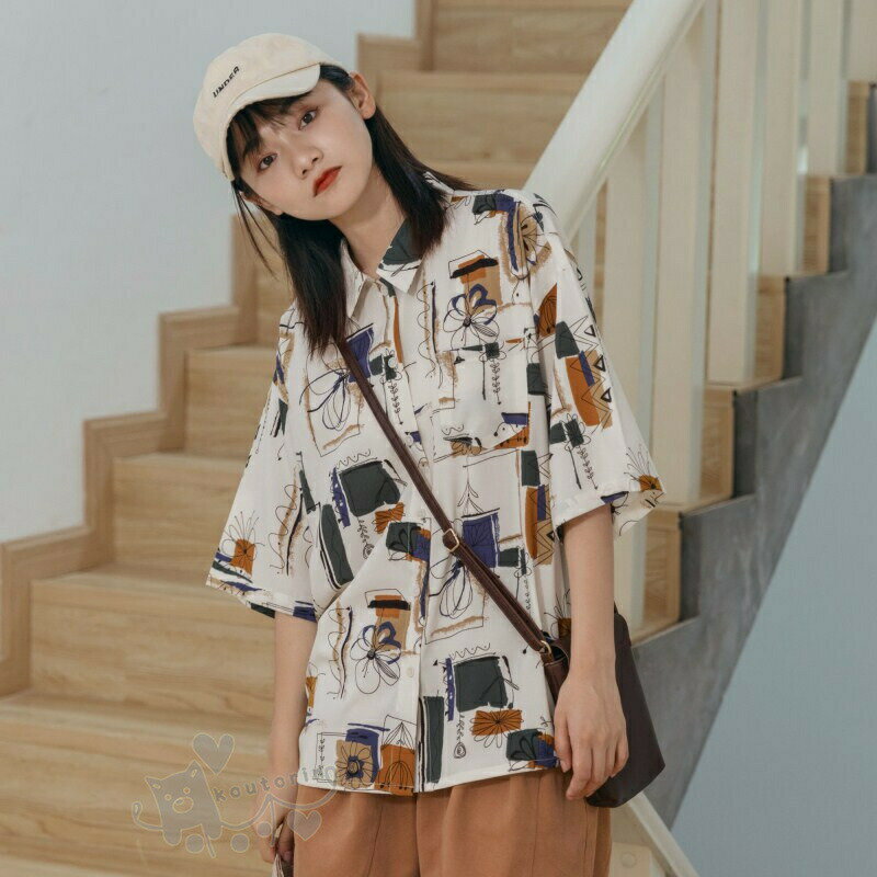 アロハシャツ レディース トップス 夏 シャツ レトロ アート フラワー イラスト 総柄 半袖 トップス ダンス 衣装 ヒップホップ コスチューム 開襟 浜辺 韓国ファッション 個性的 服 原宿系 送料無料