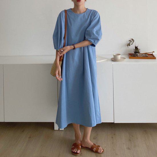 樂天商城 - ワンピース レディース 夏 きれいめ 半袖 ボリュームスリーブ ひざ下 ミモレ丈 春 無地 シンプル ゆったり フレアワンピース 5分袖 体型カバー かわいい お呼ばれ ラウンドネック おしゃれ オトナ女子 カジュアル フェミニン エレガント お出かけ 韓国 通勤 通学