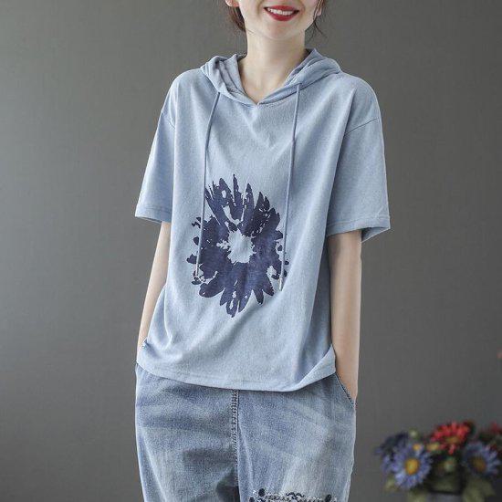 樂天商城 - 半袖パーカーフーディー フード付き プリント レディース 大人 トップス 春 夏 薄手 半袖 Tシャツ プルオーバー カジュアル おしゃれ 夏用 UV 大きいサイズ ゆったり 通勤 通学 部屋着 ワンマイルウエア 近所 運動 ブルー オレンジ ホワイト グリーン L XL 2XL 3XL