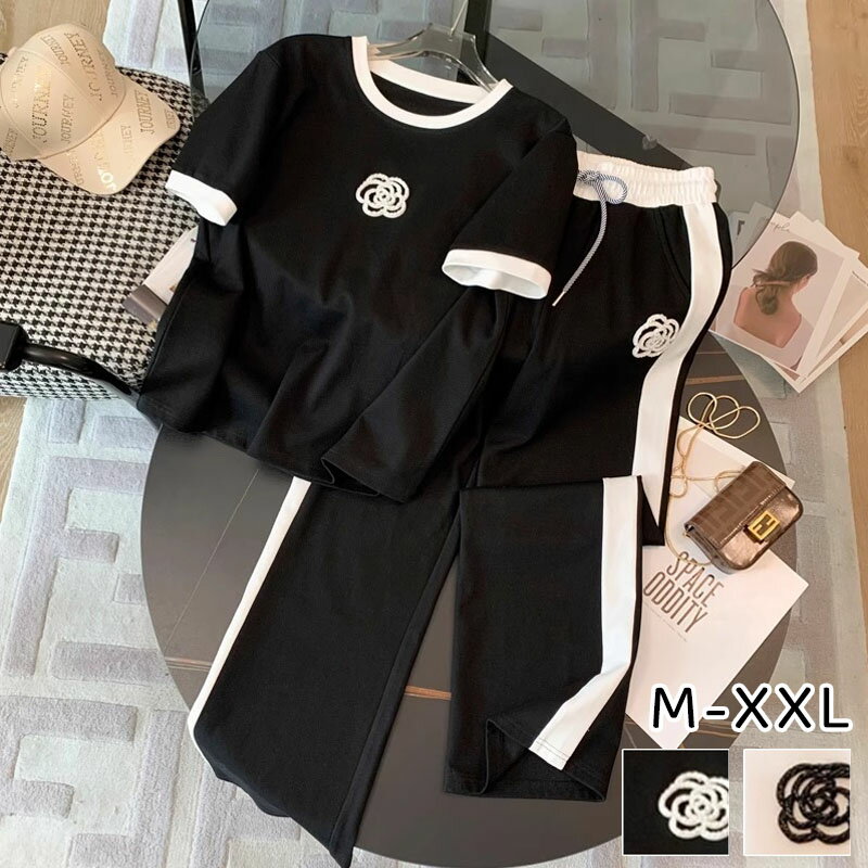 スポーツスーツ レディース 2 枚のセット 半袖 ロングパンツ クルーネック 薄手 夏 無地 刺繍 カジュアル ファッショ ゆったり 通勤 着心地がいい 通気性 涼しい フィス オフィスカジュアル カジュアルな衣装| 2 枚のセット|複雑な刺繍