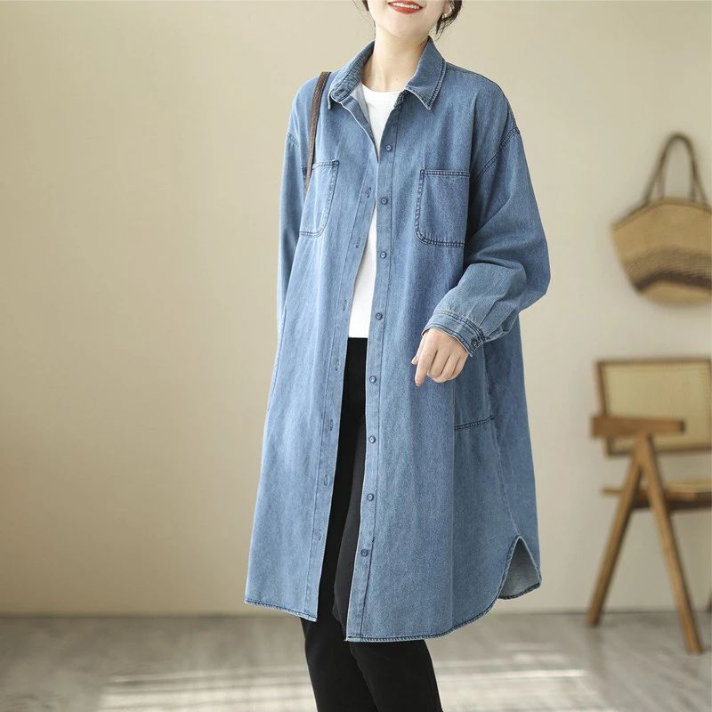 樂天商城 - ロングシャツ チュニック デニムシャツ 長袖 レディース ビックシャツ BIGシャツ 切替え チュニック ビッグシルエット トップス