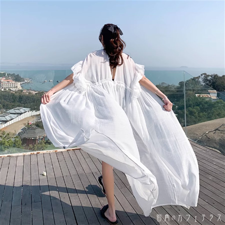 樂天商城 - ラッシュガード アウター 羽織り ロングカーディガン 日焼け防止 UV サマーカーディガン ガウン 冷房対策 ロング マキシ丈 半袖 フレア袖 フレアスリーブ Vネック フレア Aライン 透け感 シースルー 薄手生地 かわいい 大人可愛い 綺麗 シンプル カジュアル 大人 上品