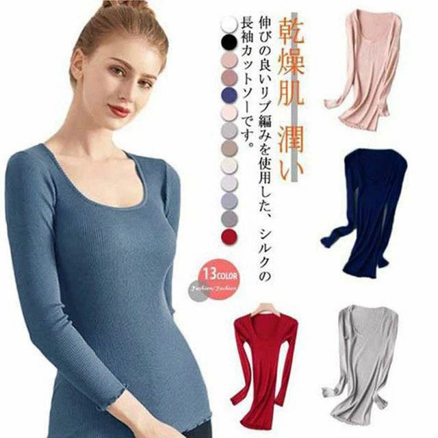 乐天商城 - 送料無料 シルク カットソー 長袖 Uネック　Tシャツ レディース リブ編み　シルク インナー リブニット トップス 絹 保湿 保温