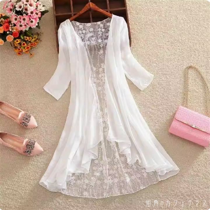 樂天商城 - ラッシュガード アウター 羽織り 6色 カーディガン ロングカーディガン 日焼け防止 UV サマーカーディガン ガウン ロング 袖あり 長袖 フレア Aライン レース 異素材切り替え ドッキング 薄手生地 かわいい 大人可愛い 綺麗 シンプル カジュアル 大人 上品 おしゃれ お洒落