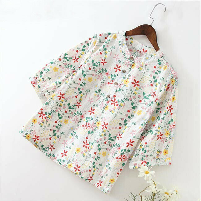 Rakuten - ブラウス 体型カバー 丸首 花柄 ブラウス 夏 7分丈袖ブラウス レトロ Aライン ブラウス 七分丈袖 コットン 花柄ブラウス 春 秋