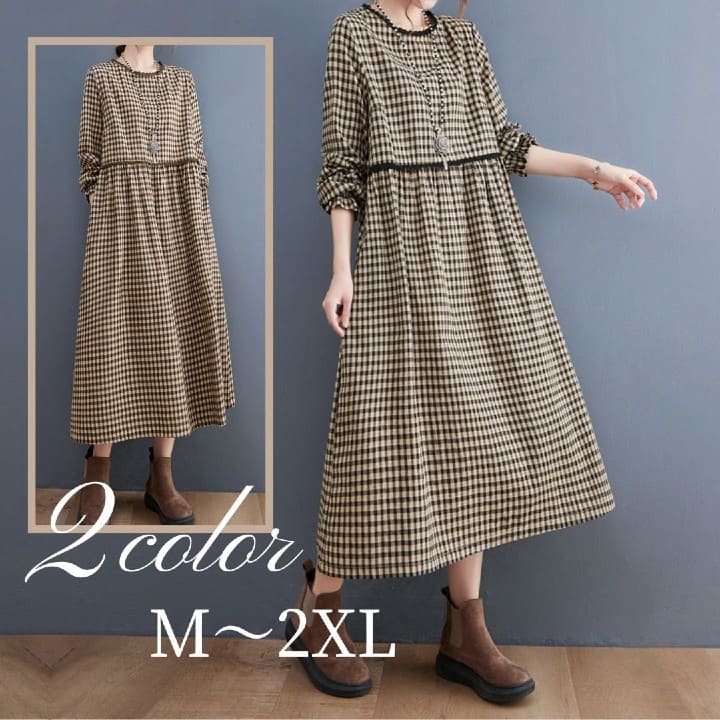 ワンピース レディース 千鳥格子 パイピング ロング ワンピース 長袖 ゆったり リラックス カジュアル 40代 50代 60代 オシャレ