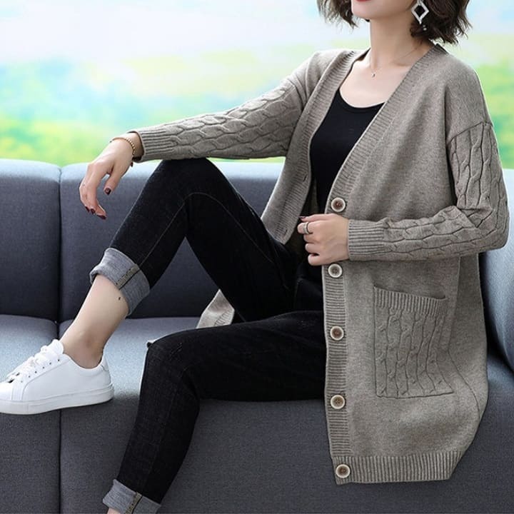 ロング カーディガン レディース ロング ジャケット セーター 大きいサイズ 秋冬春 アウター ビッグポケット ケーブル編み 切り