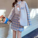 韓国 千鳥格子 コート ハイウエスト スカート セットアップ レディース 中学生 高校生 秋冬春 スカート スーツ ガーリー 通学 レ