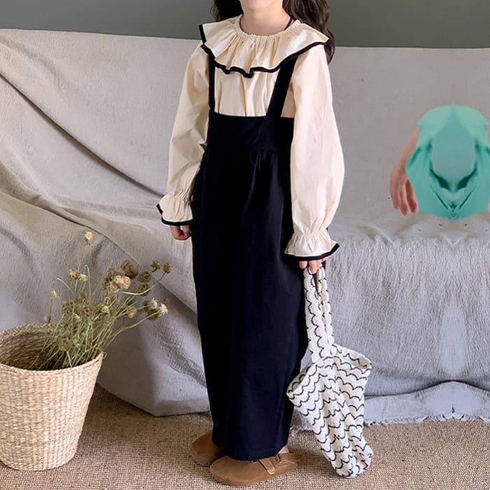 小学生 セットアップ 女の子 フリルカラー ブラウス サロペットパンツ 2点セット 春秋 長袖 ツーピース..