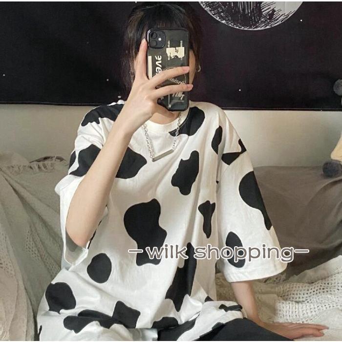 樂天商城 - Tシャツ 半袖 レディース 牛柄Tシャツ カットソー トップス 牛柄 ゆったり 体型カバー カジュアル ホワイト 可愛い ダルメシア