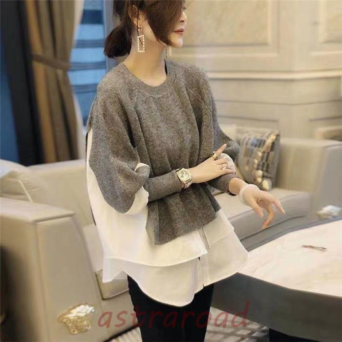 Three-Quarter Knit - セーター ニット 長袖 レディース トップス 秋冬 デザイン アシメトリー オシャレ 厚手 あったかい フレンチスリーブ uネック 黒