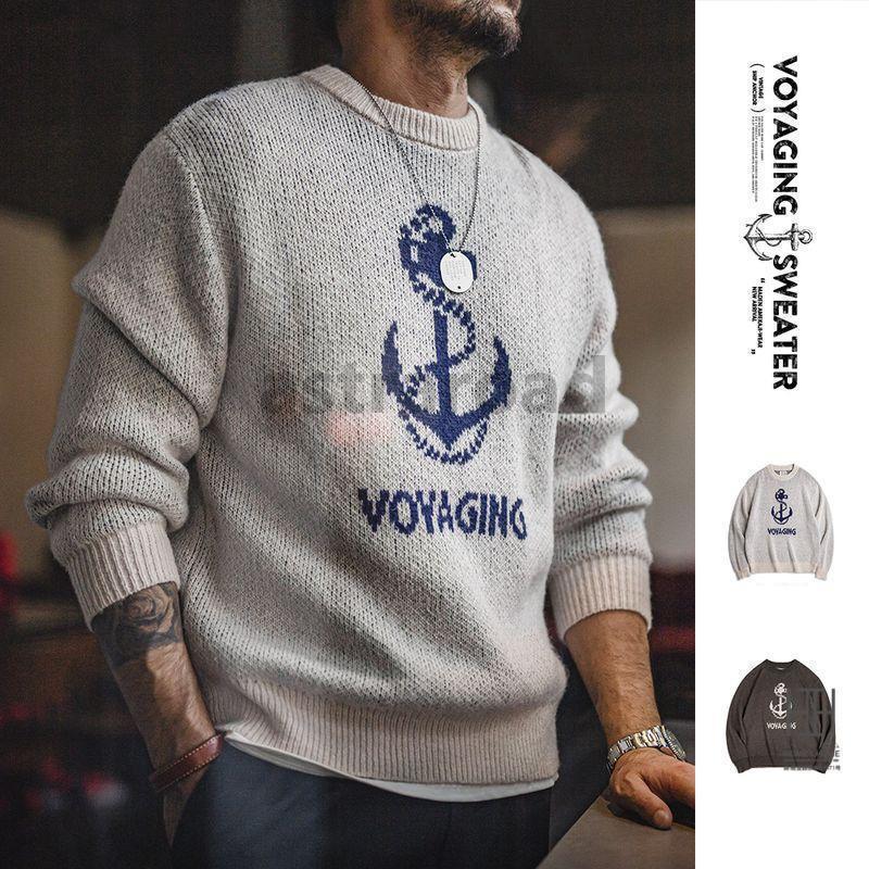 ニット メンズ 長袖 セーター リブ ジャカード 錨 イカリ模様 英文字 ウール混 トップス クルーネック カジュアル 20代 30代 40