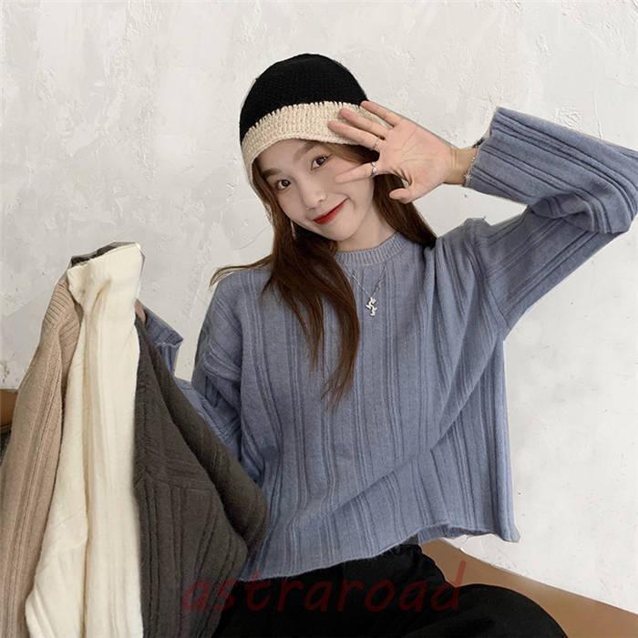 樂天商城 - セーター ニットセーター プルオーバー レディース トップス 丸首 長袖 無地 ショット丈 かわいい ゆったり カジュアル おしゃれ