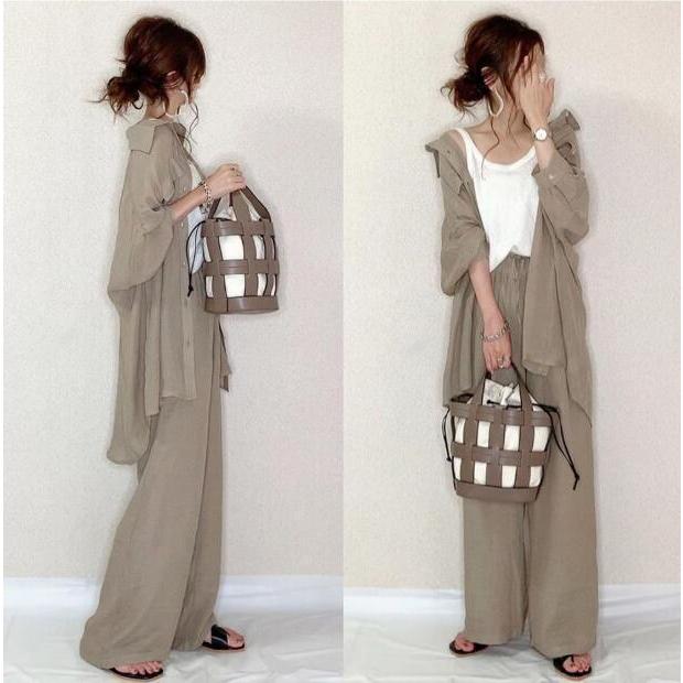 母 40代 20代30代 ゆったり オシャレ OL 通勤 体型カバー 着痩せ ガウチョパンツ 長袖シャツ 薄手 春秋 レディース セットアップ