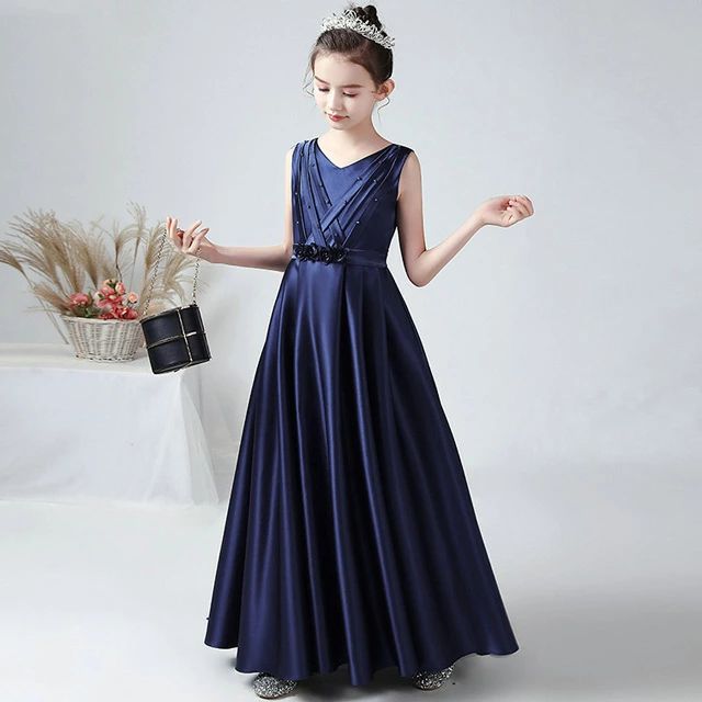 ネイビー 子供ドレス サテンドレス ピアノ発表会ドレス 演奏会ドレス 160 キッズドレス ロングドレス 紺色 シンプル 子供ピアノ