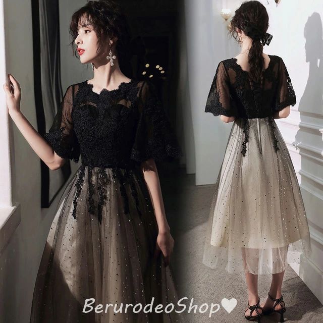 パーティードレス ブラック レース チュール 30代 40代 ミモレ丈ドレス 黒 シャンパン色 グラデーション ドレス オシャレ キレイ