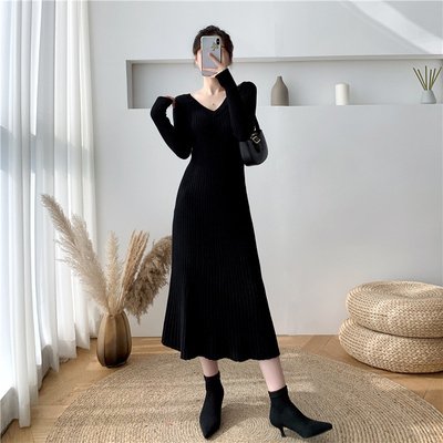 樂天商城 - ワンピース ミモレ丈ワンピース ニットワンピース 長袖 Vネック ミモレ丈 ニット かわいい 大人可愛い きれいめ シンプル カジュ