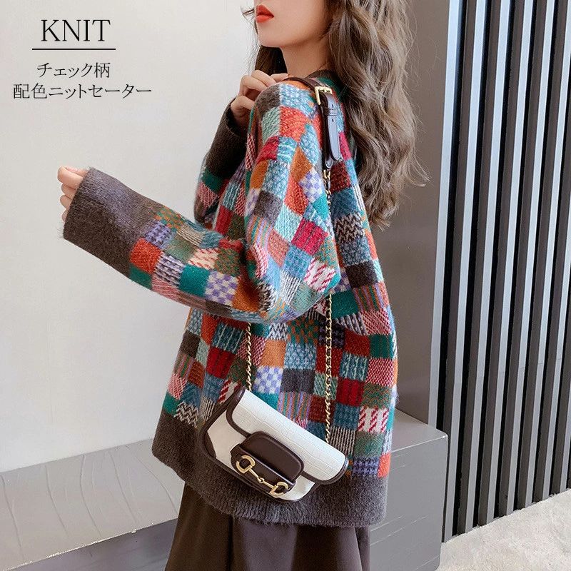 ニット トップス レディース セーター ニットセーター チェック柄 秋冬 チュニック ニットソー プルオーバー オーバーサイズ ア