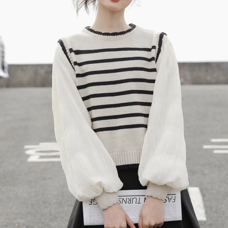 ボーダー ニット 長袖 切替え パフスリーブ トップス セーター レイヤード風 重ね着風 丸首 クルーネッ..