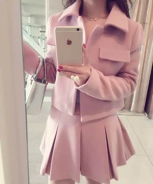 パ LL XL L M S 無地 ピンク Iライン スリム 襟付き 長袖 ショート丈 ひざ上 ミニ 姫系 冬 秋 春 プリーツスカート 上下セット