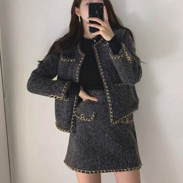 クルーネッ 萌袖 長袖 ショート丈 ひざ上 ミニ 冬 秋 個性的 レディース 上下セット アウター スカートセットアップ ジャケット