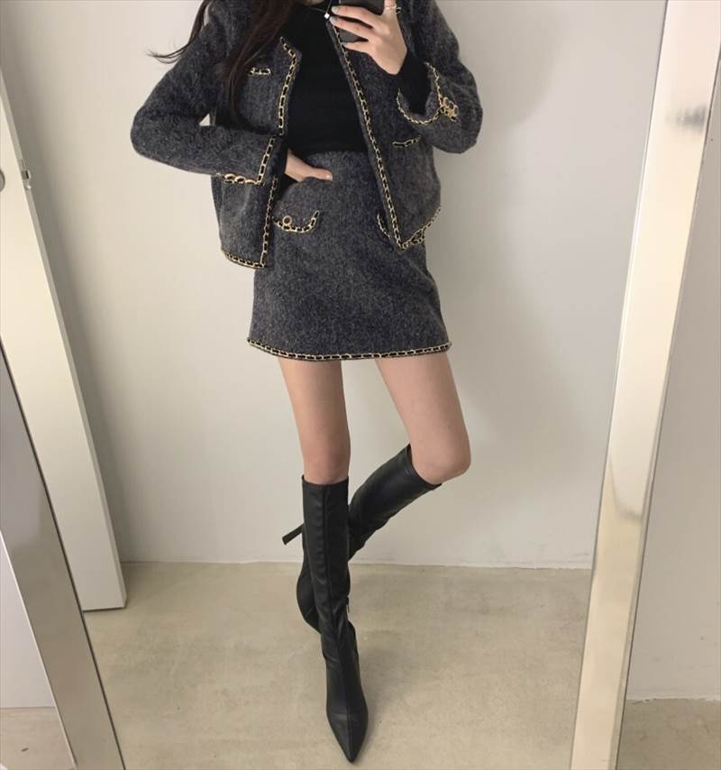 クルーネッ 萌袖 長袖 ショート丈 ひざ上 ミニ 冬 秋 個性的 レディース 上下セット アウター スカートセットアップ ジャケット