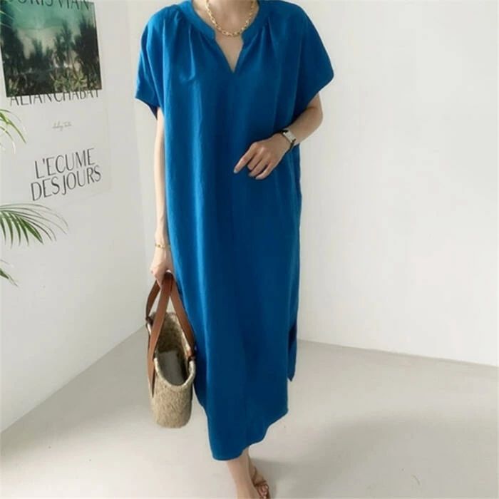 50代 40代 30代 20代 夏 秋 春 青 ブルー 体型カバー ゆったり リラックス ナチュラル ドレス ワンピ フェミニン 半袖 可愛い 人