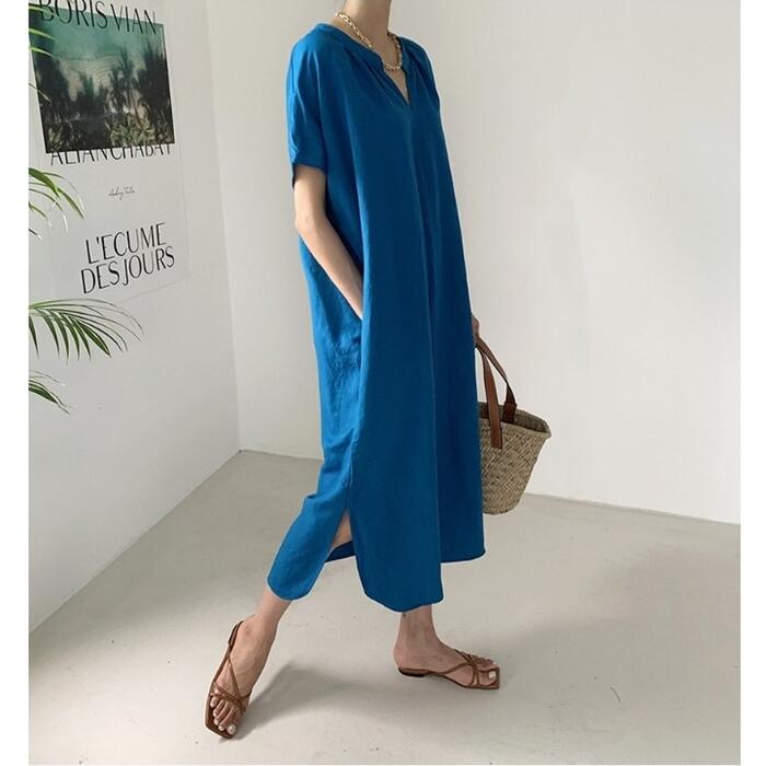 50代 40代 30代 20代 夏 秋 春 青 ブルー 体型カバー ゆったり リラックス ナチュラル ドレス ワンピ フェミニン 半袖 可愛い 人