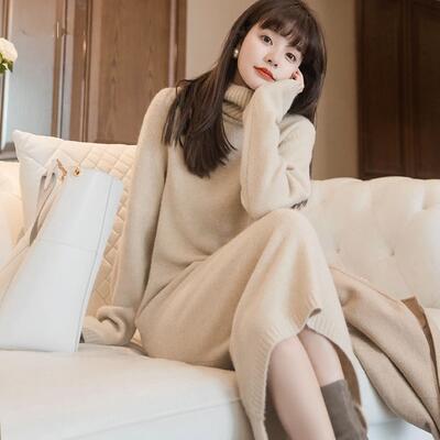 50代 40代 30代 20代 冬 秋 春 ベージュ ゆったり ハイネック シンプル ウエストリボン ドレス レディース おしゃれ ミモレ丈 袖