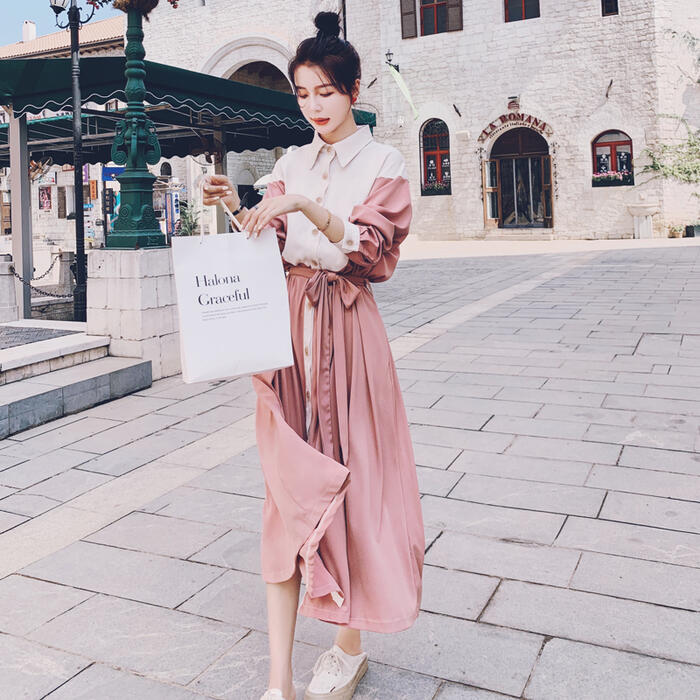 50代 40代 30代 20代 冬 秋 春 ピンク シャツワンピ ウエストリボン フェミニン ドレス ワンピ 可愛い 大人 おしゃれ 長袖 レ丈