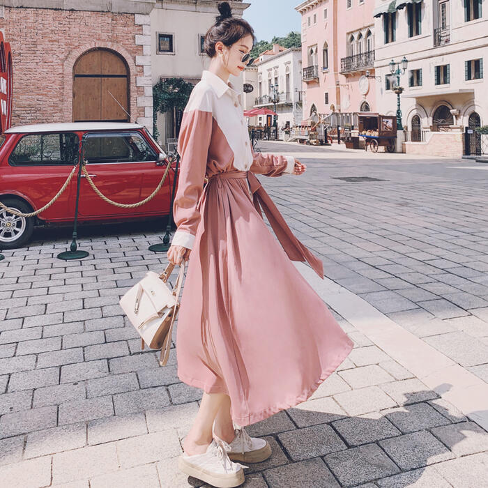 50代 40代 30代 20代 冬 秋 春 ピンク シャツワンピ ウエストリボン フェミニン ドレス ワンピ 可愛い 大人 おしゃれ 長袖 レ丈