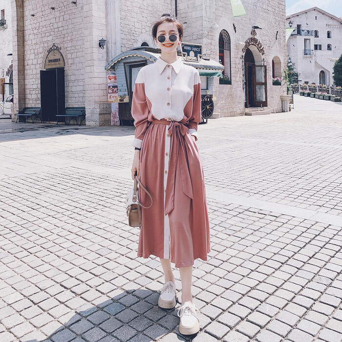 50代 40代 30代 20代 冬 秋 春 ピンク シャツワンピ ウエストリボン フェミニン ドレス ワンピ 可愛い 大人 おしゃれ 長袖 レ丈