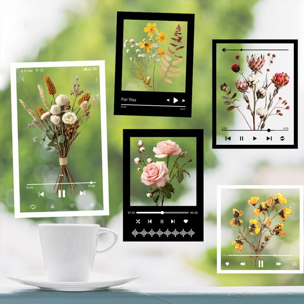ミニ ガラスステッカー 静電気 非粘着 ガラスフィルム 透明 ミュージックプレイヤー 花 薔薇 再生画面 ..