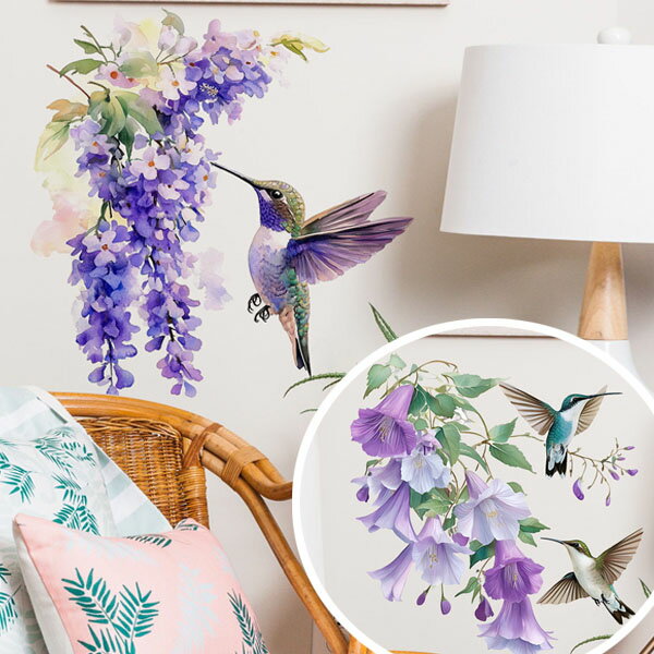 トイレ用 便器のふた ミニステッカー ハチドリ 藤 紫色 カンパニュラ ベルフラワー 花畑 ウォールステ..