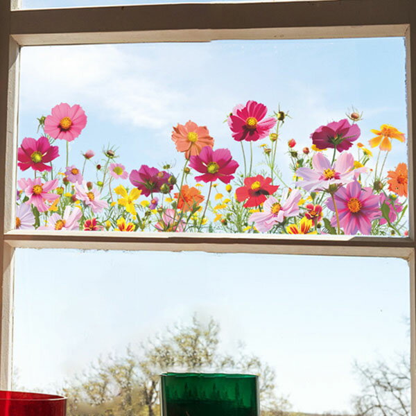 ウォールステッカー 半透明 ガラス用 コスモス畑 秋桜 フラワーガーデン 壁シール 壁デコ 北欧風 DIY リビングのサムネイル