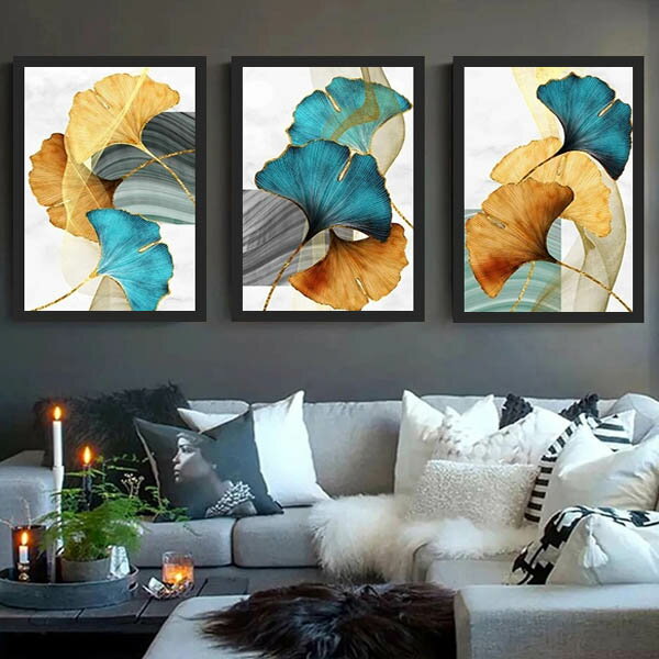 額入り アートポスター 33×43cm アートパネル 3枚セット 枠付き フレーム絵画 イチョウ 銀杏 葉 リーフ..