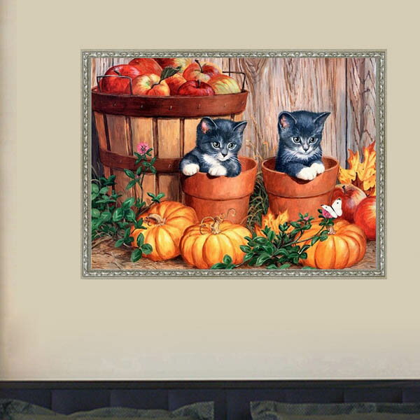 中級 フル ダイヤモンドアート ダイヤモンド刺繍 キット ビーズ刺繍 収穫の秋 かぼちゃ 子猫 モザイクアート リハビリ 趣味 絵画 カラービーズ ハンドメイド 2