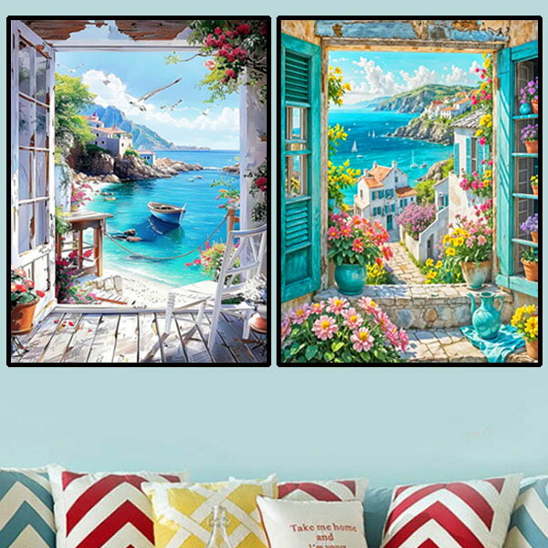 中級 フル ダイヤモンドアート キット ビーズ刺繍 窓から見える風景 海 海辺の街 ヨーロッパ モザイクアート リハビリ 趣味 絵画 カラービーズ