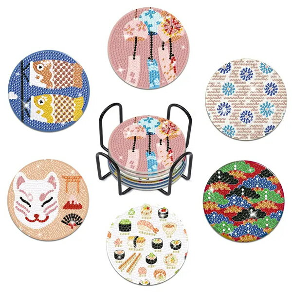 コースター 制作キット ダイヤモンドアート 8枚 ステンドグラス 和柄 祭り 風鈴 寿司 ホルダー付き モ..