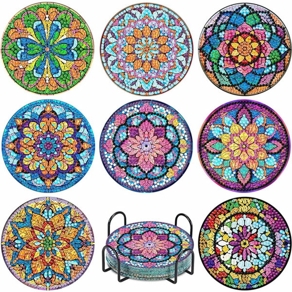 コースター 制作キット ダイヤモンドアート 8枚 マンダラ 曼荼羅 万華鏡 ホルダー付き モザイクアート ..