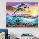 訳あり 数字塗り絵 油絵風 夕日 イルカ 珊瑚礁 海 フレーム絵画 インテリア 風景 DIY 趣味 ぬり絵 ホビー ナンバーピクチャー
